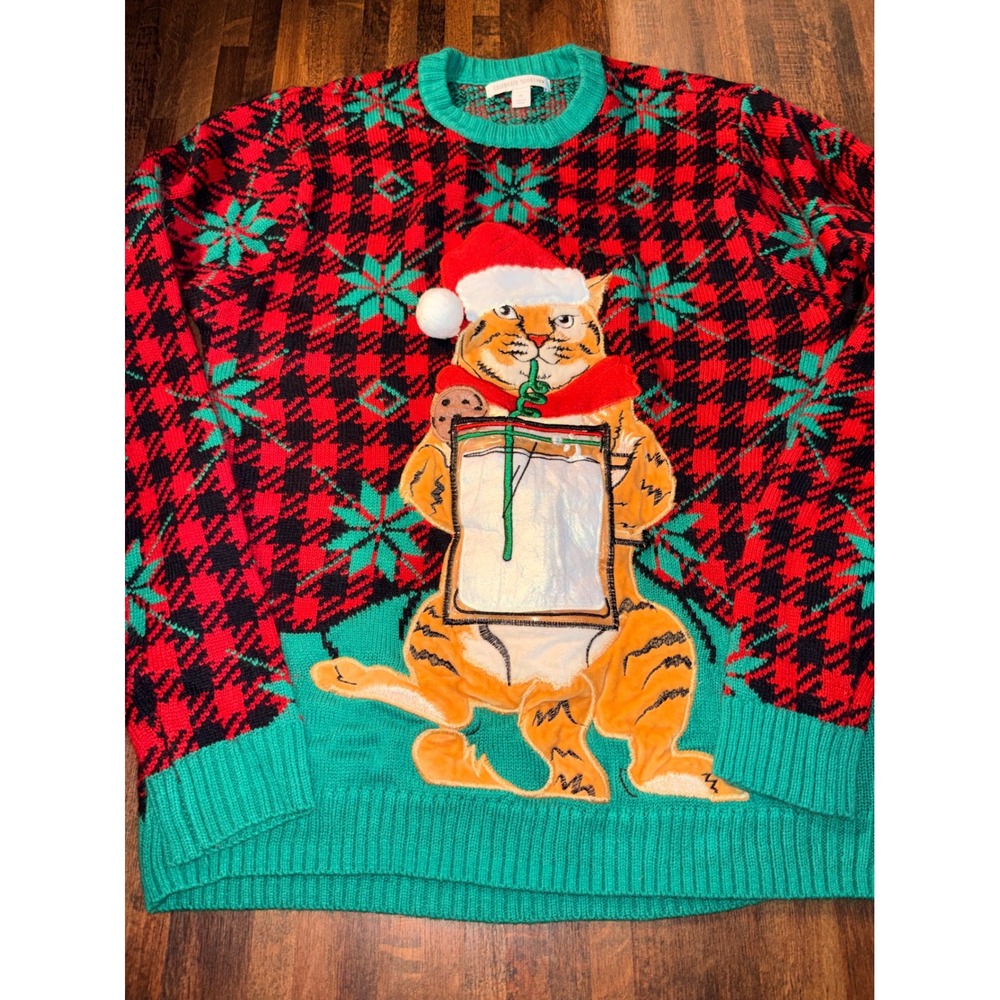 Celebrate‎ Together Christmas Cat Sweater Red Green Plaid Holiday Mens Medium